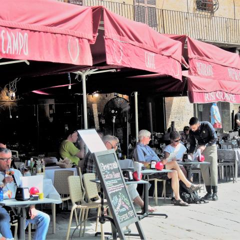 Am nächsten Tag geht es nach Siena. Das Mittagessen lassen wir  uns auf der Piazza del Campo mit Blick auf das Rathaus von Siena, dem Palazzo Pubblico, schmecken - (c) Jörg Bornmann