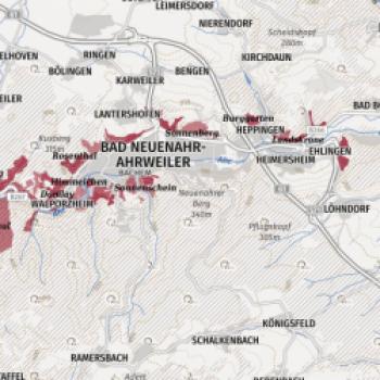 Das Ahrtal liegt im Norden von Rheinland-Pfalz und im Nordwesten vom Ahrgebirge begrenzt im Schutz der Eifel, die bereits zu Nordrhein-Westfalen gehört. - (c) Deutsches Weininstitut