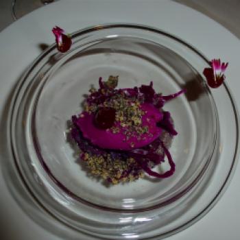 Ein kleines Kunstwerk: Das Rotkohl-Dessert im „Nutris“ - © Anke Sieker